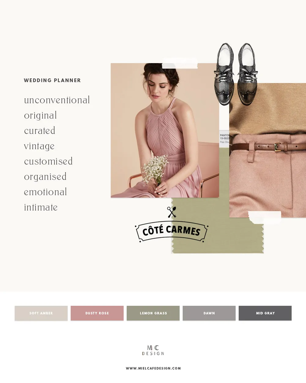 How to create your wedding planner brand - Visualise: unconventional, original, intimate, vintage wedding planner mood board and color palette